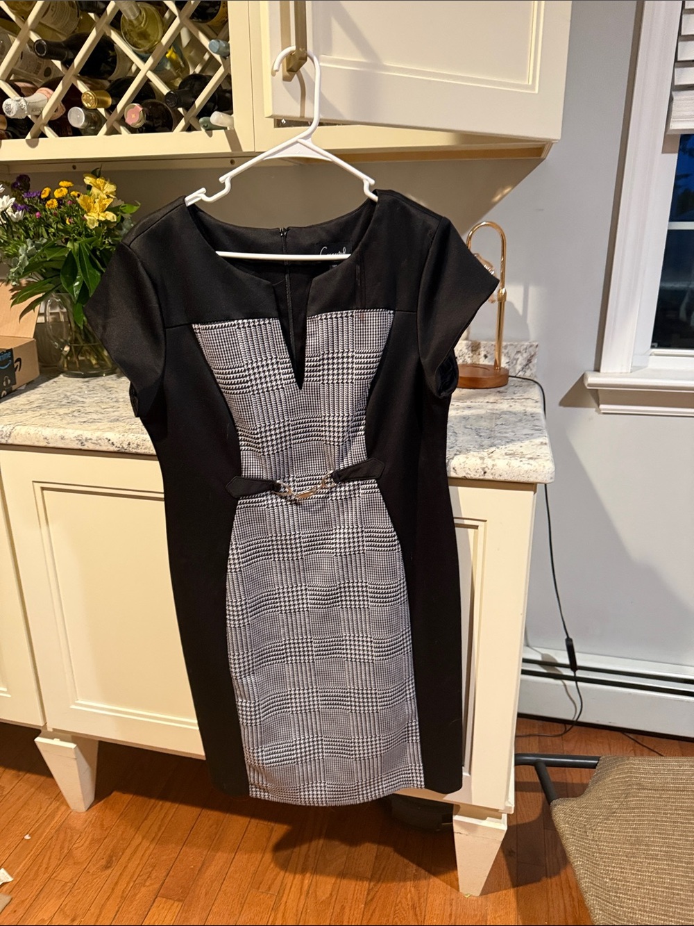 connected apparel Black Dress with Gray Plaid Panel and Belt